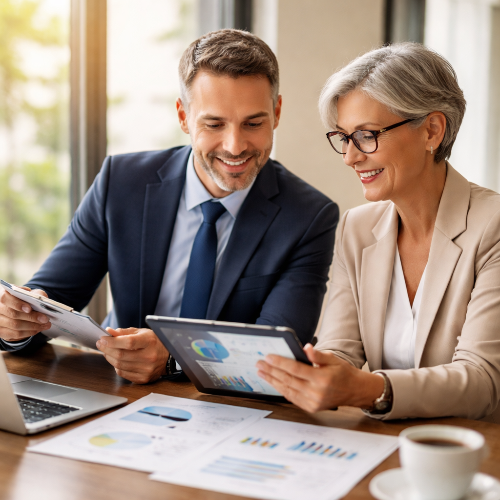A professional financial advisor and SMSF trustee having a collaborative meeting in a modern office, reviewing investment documents and digital charts on a tablet, natural lighting through large windows, shot with 50mm lens, f/2.8, warm professional atmosphere, photo style