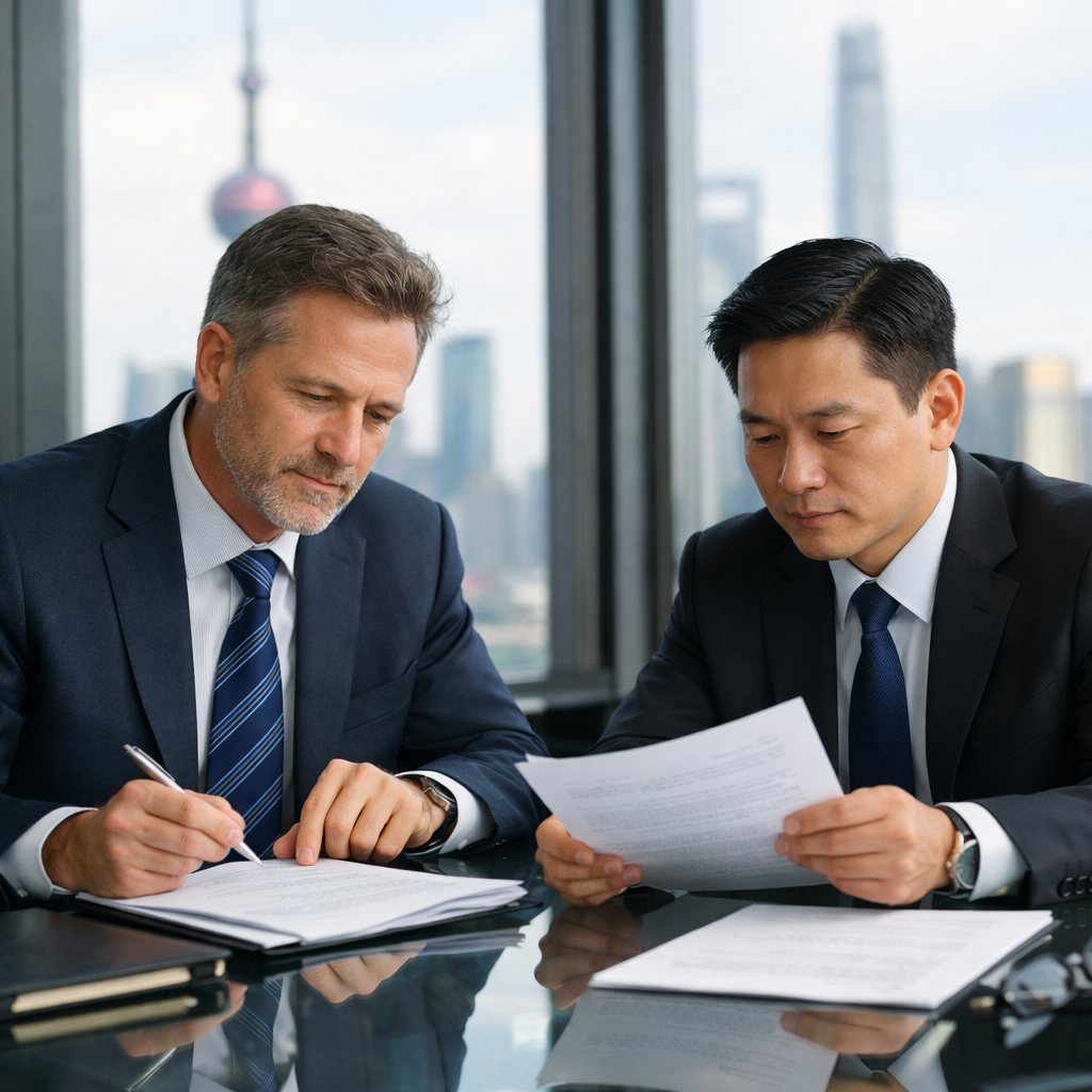 A professional business meeting scene in a modern Shanghai conference room, two business executives reviewing legal documents on a glass table, one Western businessperson and one Chinese businessperson, serious expressions, natural window lighting casting soft shadows, Canon EOS R5, 50mm lens, f/2.8, shallow depth of field, highly detailed, photo style