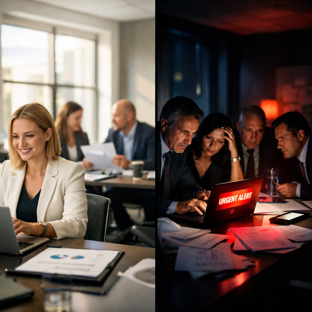 A dramatic split-screen composition showing two contrasting office scenes. Left side: a bright modern office with business people confidently working on laptops and reviewing documents, natural daylight streaming through windows. Right side: the same office in dim emergency lighting with worried executives gathered around a conference table looking at urgent notifications on screens, papers scattered, creating a sense of sudden crisis. Shot with 35mm lens, shallow depth of field, cinematic lighting, photo style, high contrast between the two halves.