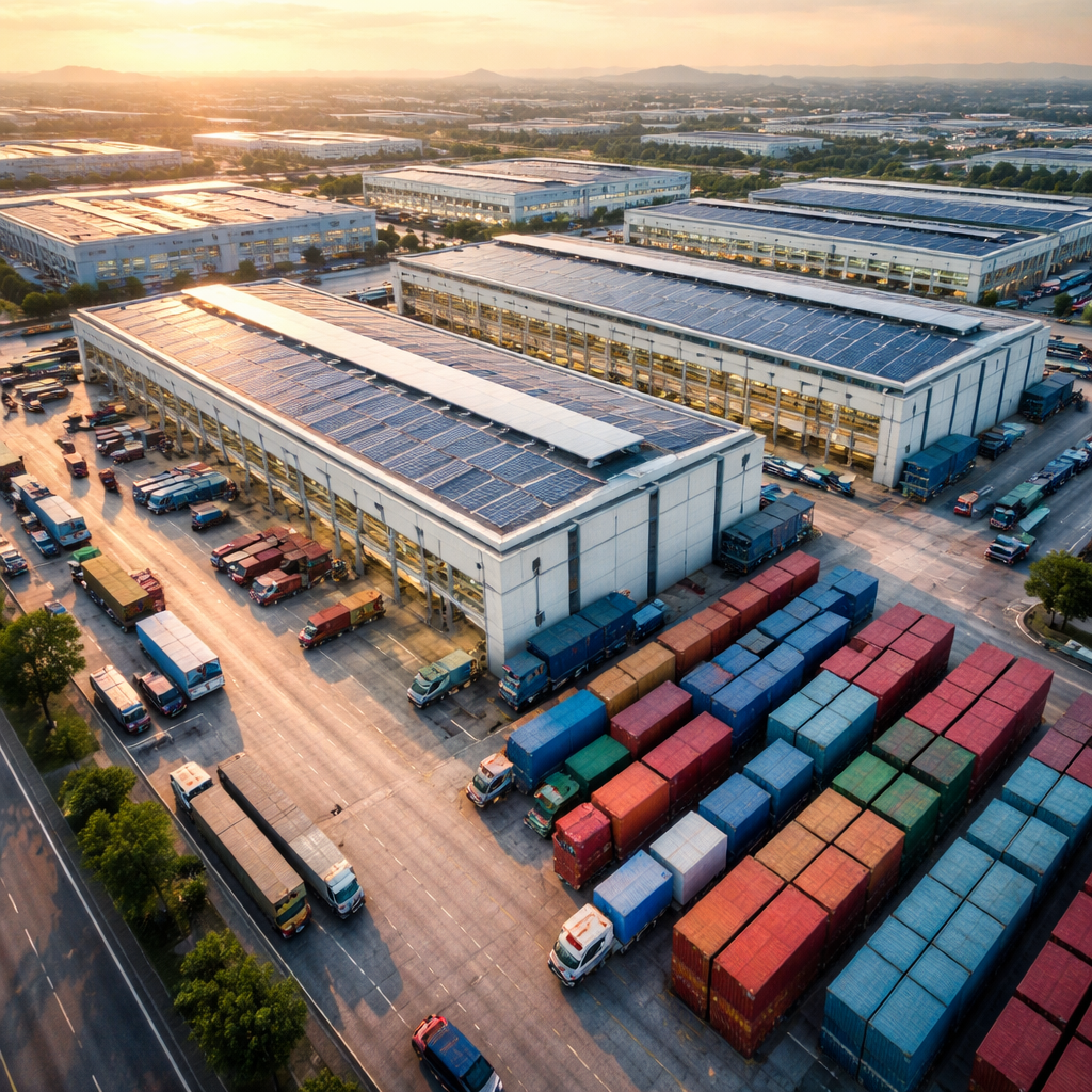 An aerial view of a modern manufacturing facility in China, showing organized production lines and warehouses with shipping containers in the loading area, adjacent to similar facilities visible in the distance, shot with drone camera, wide-angle lens, golden hour lighting, high detail, industrial photography style, photo style