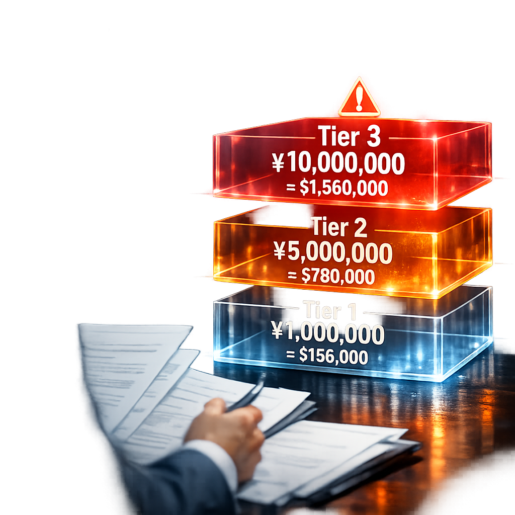 A detailed infographic-style visualization showing three ascending penalty tiers represented by stacked transparent layers, each labeled with financial amounts in RMB and dollar equivalents, with glowing red warning indicators for highest tier, business professional reviewing documents in foreground slightly out of focus, dramatic lighting from overhead, shot with 35mm lens, high contrast, photo style, intricate details, corporate finance aesthetic