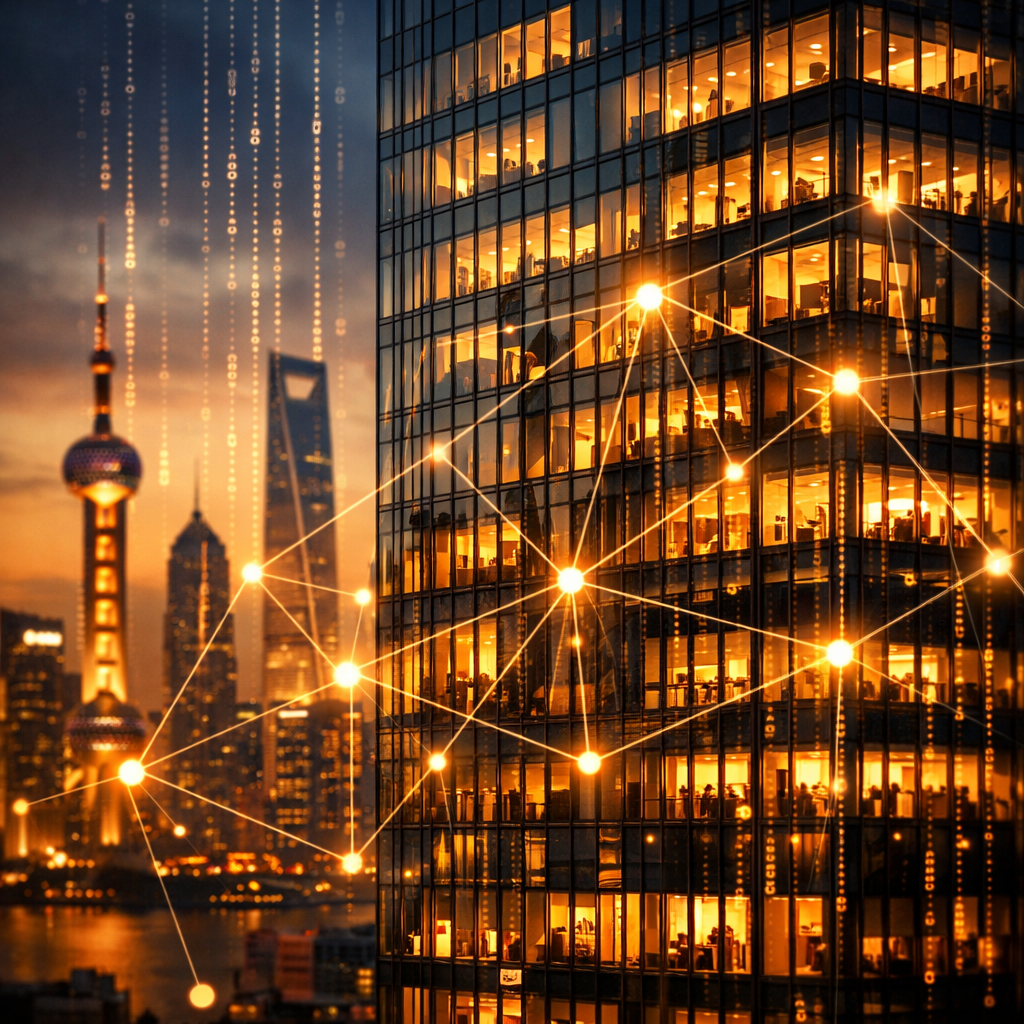 A dramatic photo of a modern glass office building in Shanghai's financial district at dusk, with digital data streams and glowing network connections overlaying the architecture, shot with 50mm lens, f/2.8, warm golden hour lighting creating strong contrast between the illuminated windows and darkening sky, photo style, highly detailed, cinematic composition