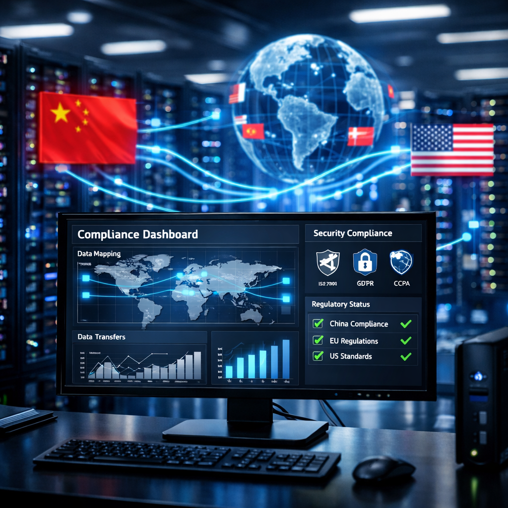 A sophisticated data center visualization showing secure cross-border data flow management. Glowing blue digital pathways connecting servers with Chinese and international flags subtly integrated into holographic displays. In the foreground, a modern compliance dashboard on a sleek monitor displaying data mapping charts, security certifications, and regulatory checkmarks. Clean, professional environment with soft ambient lighting, shot with 50mm lens, f/2.8 aperture, corporate photography style, high contrast, detailed technology elements.