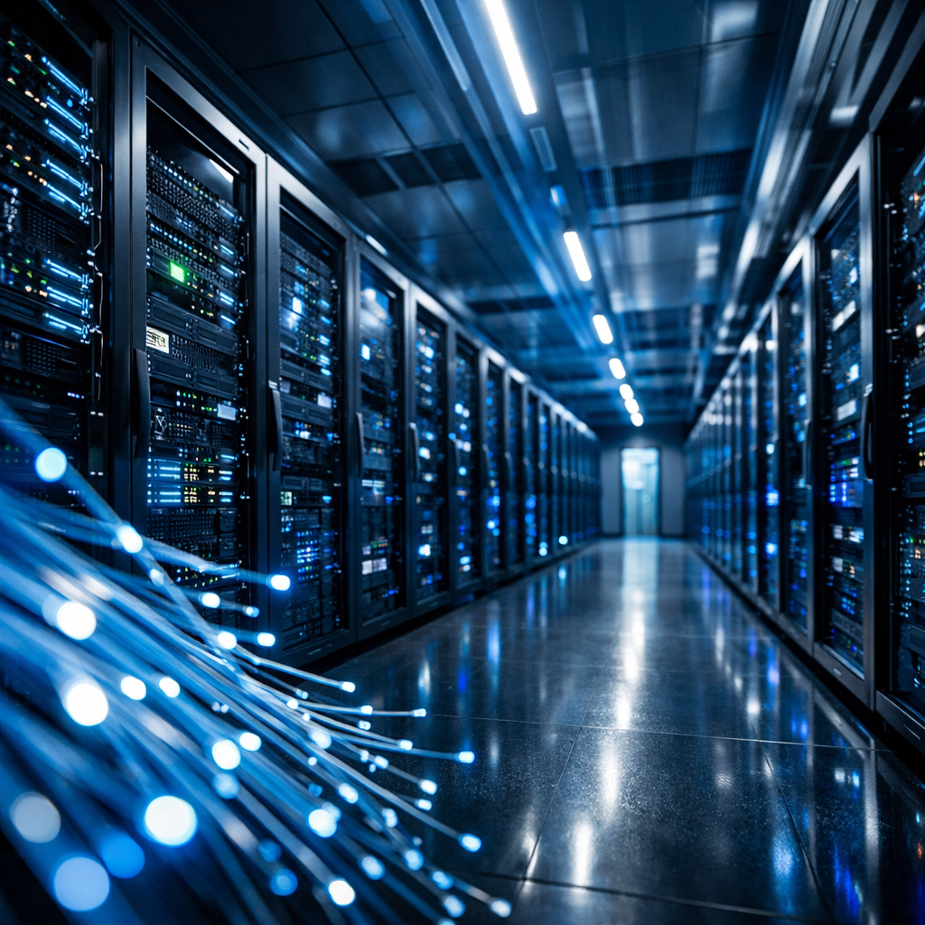 A sleek modern data center interior in China with rows of server racks bathed in cool blue LED lighting, fiber optic cables visible in foreground, shot with wide-angle lens, shallow depth of field, high-tech atmosphere with clean lines and metallic surfaces, photo style, professional photography, dramatic lighting highlighting the technical infrastructure