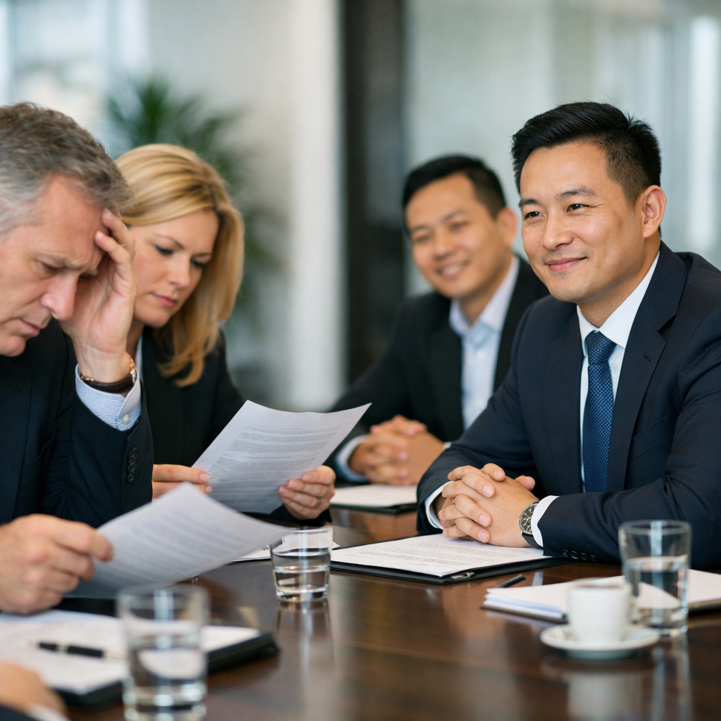 A professional business meeting scene showing Western executives reviewing contracts with visible concern while across the table Chinese business partners appear confident, shot with 50mm lens, f/2.8, natural office lighting, shallow depth of field, photo style, highly detailed, business attire, modern conference room setting