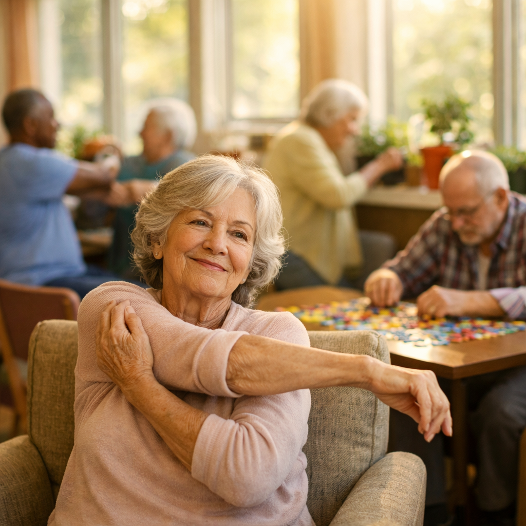 A warm, inviting photo of a diverse group of seniors engaged in various gentle activities in a bright community room. In the foreground, an elderly woman with silver hair sits comfortably in a cushioned chair doing gentle arm stretches with a peaceful smile. Behind her, others are doing seated exercises, working on colorful puzzles at tables, and tending to small potted plants on windowsills. Soft natural light streams through large windows, creating a warm golden glow. Shot with 50mm lens, f/2.8, natural lighting, warm tones, highly detailed, photo style
