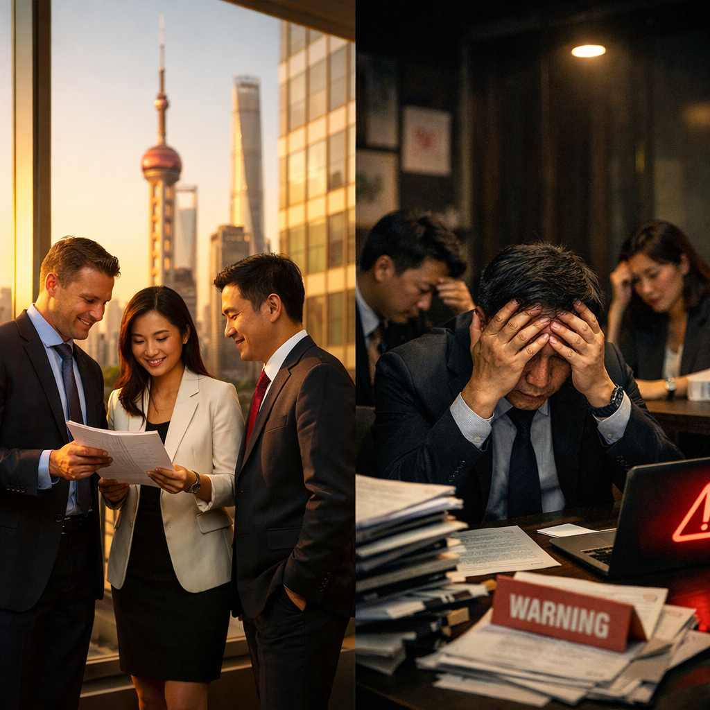 A dramatic split-screen composition showing contrast between success and failure in Chinese business operations. Left side: a modern glass office building in Shanghai's financial district with confident international business professionals reviewing documents, bathed in warm golden hour lighting. Right side: stressed executives in a dimly lit conference room surrounded by legal documents and warning notices, with red alert symbols visible on laptop screens. Shot with 35mm lens, shallow depth of field, cinematic lighting, highly detailed, professional photography style.