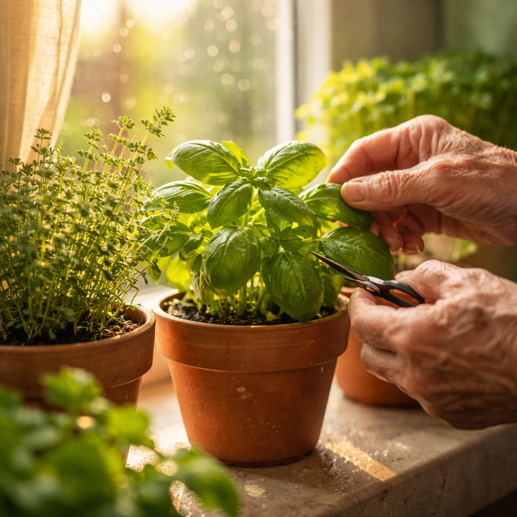 A serene close-up photo of elderly hands gently caring for a small indoor herb garden on a sunny kitchen windowsill. The hands are tending to vibrant green basil, thyme, and parsley plants in terracotta pots. Soft morning sunlight filters through sheer curtains, creating a warm, peaceful atmosphere with beautiful bokeh effect in the background. Dewdrops glisten on the herb leaves. Shot with macro lens, f/2.8, golden hour lighting, shallow depth of field, highly detailed textures, photo style