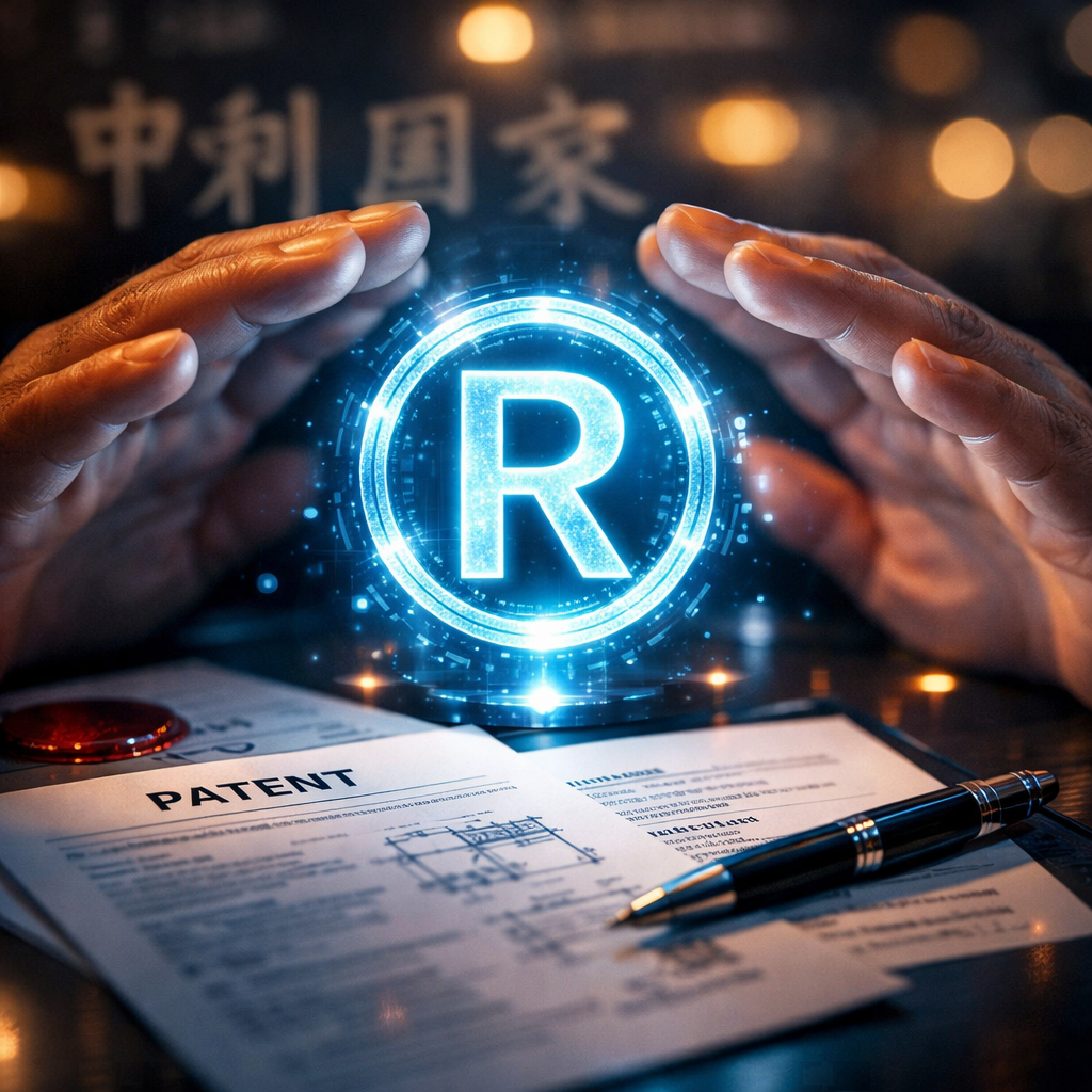 Close-up of hands protecting a glowing holographic trademark symbol and patent documents on a sleek desk, with Chinese characters subtly visible in the background blur, shot with macro lens, shallow depth of field, dramatic lighting, high contrast, photo style, intricate details, bokeh effect