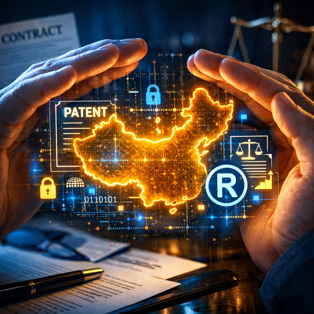 Close-up of hands protecting a glowing holographic display of patent documents and trademark symbols over a map of China, with digital security elements and legal contract papers visible in the background, shot with macro lens, dramatic blue and gold lighting, high contrast, photo style, intricate details, technology meets law concept