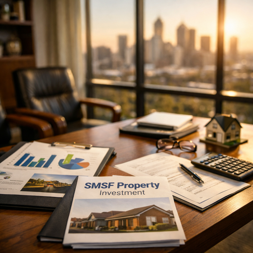 A modern Australian financial advisor's office with a large desk displaying SMSF property investment documents and charts, warm afternoon sunlight streaming through floor-to-ceiling windows overlooking a city skyline, professional atmosphere with leather chairs and wooden accents, photo style, shot with 35mm lens, f/2.8, natural lighting, shallow depth of field