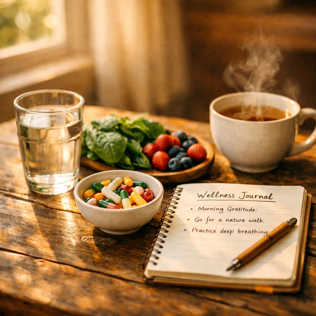 A peaceful lifestyle photo showing a wooden table with morning sunlight streaming through a window. On the table: a clear glass of water, a small bowl of colorful probiotic capsules, a wellness journal with handwritten notes, fresh vegetables (leafy greens and berries), and a steaming cup of herbal tea. Shot with natural golden hour lighting, 50mm lens, f/2.8, shallow depth of field, warm tones, film grain, cozy wellness atmosphere, DSLR camera, highly detailed textures