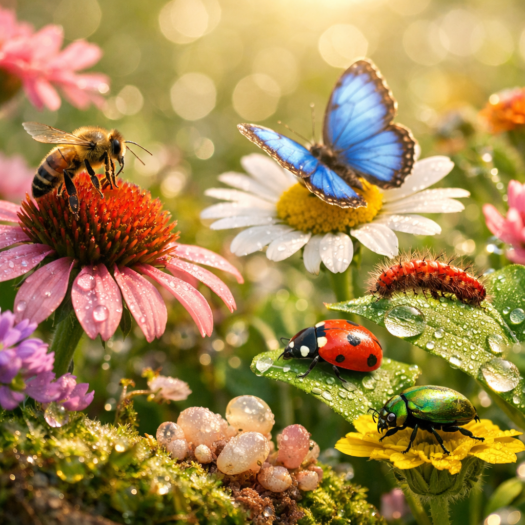 A vibrant and diverse garden ecosystem with various colorful flowers, plants, and beneficial insects working in harmony, symbolizing the gut microbiome. Shot with a macro lens at f/2.8, showing intricate details of plant textures and dewdrops. Natural morning sunlight with soft, warm tones. Photo style with shallow depth of field, high detail, and bokeh effect in the background.