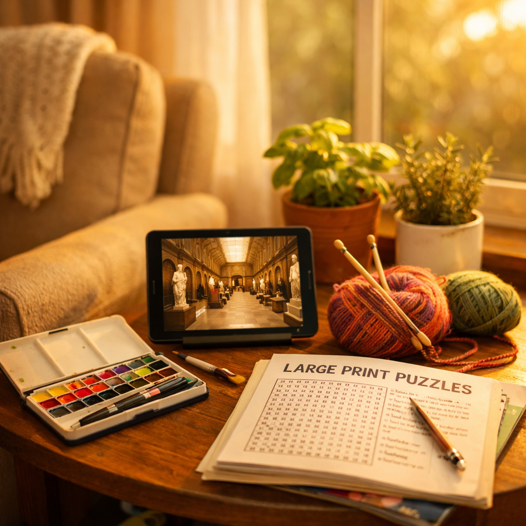 A warm, inviting photo showing a comfortable armchair setup near a bright window with natural sunlight streaming in. On a small side table within easy reach are arranged various accessible hobby materials: an open watercolor paint set with brushes, a tablet displaying a virtual museum tour, knitting needles with colorful yarn, a large-print puzzle book, and small potted herbs. The scene is shot with a 50mm lens at f/2.8, creating a shallow depth of field that emphasizes the cozy, personalized hobby space. Soft, golden hour lighting creates a peaceful, encouraging atmosphere. Photo style, Canon EOS R5, warm tones, highly detailed.