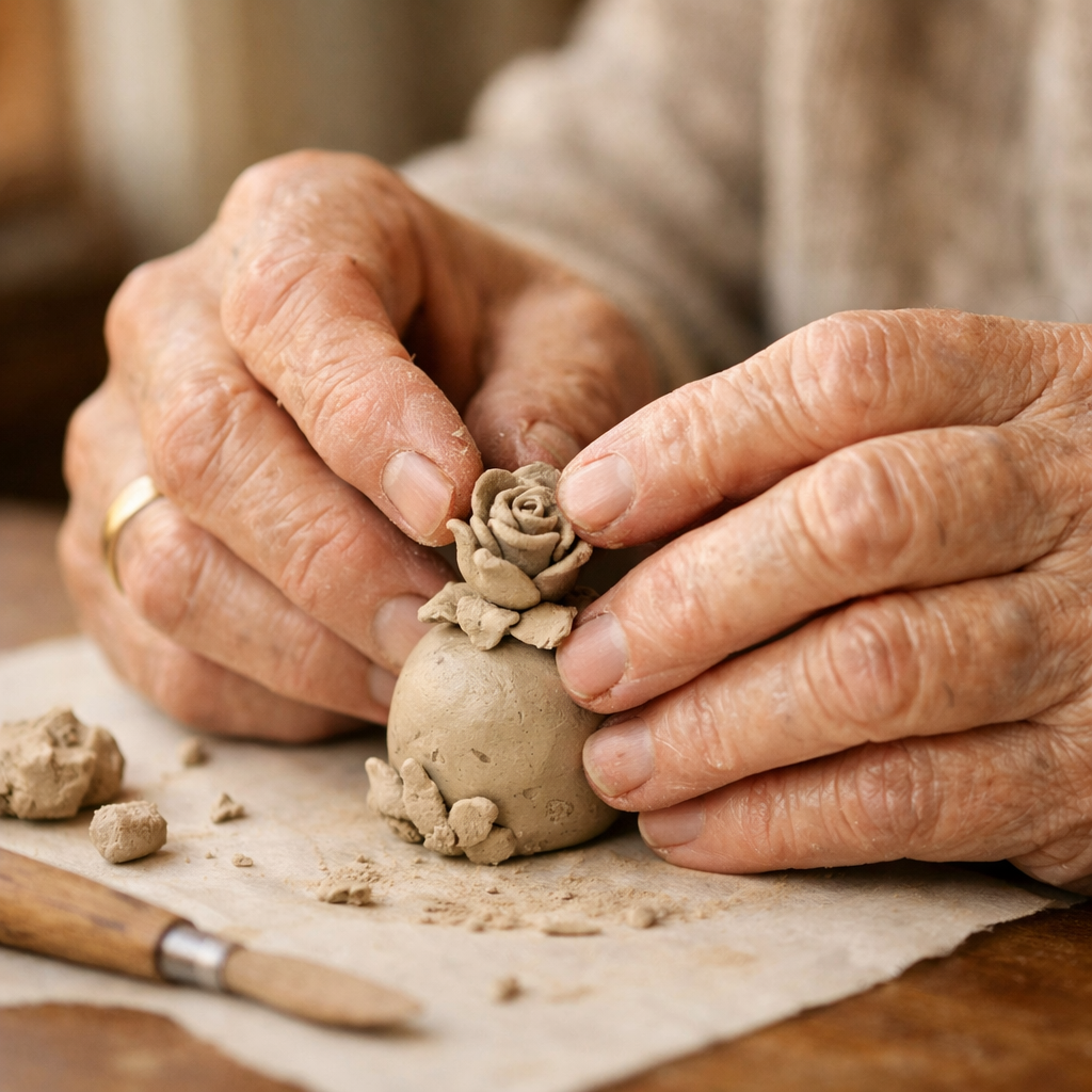 A heartwarming photo of hands engaged in an accessible creative activity - an elderly person's hands gently working with modeling clay at a comfortable table height, shaping a small decorative piece. The hands show character and life experience, with good lighting revealing fine details of the creative work in progress. Shot with a macro lens, f/4 aperture for crisp detail on the hands and clay while softly blurring the background. Natural window lighting from the side creates soft shadows and highlights the texture of both the clay and skin. Photo style, DSLR camera, warm natural tones, highly detailed, intimate perspective that celebrates creativity and capability.