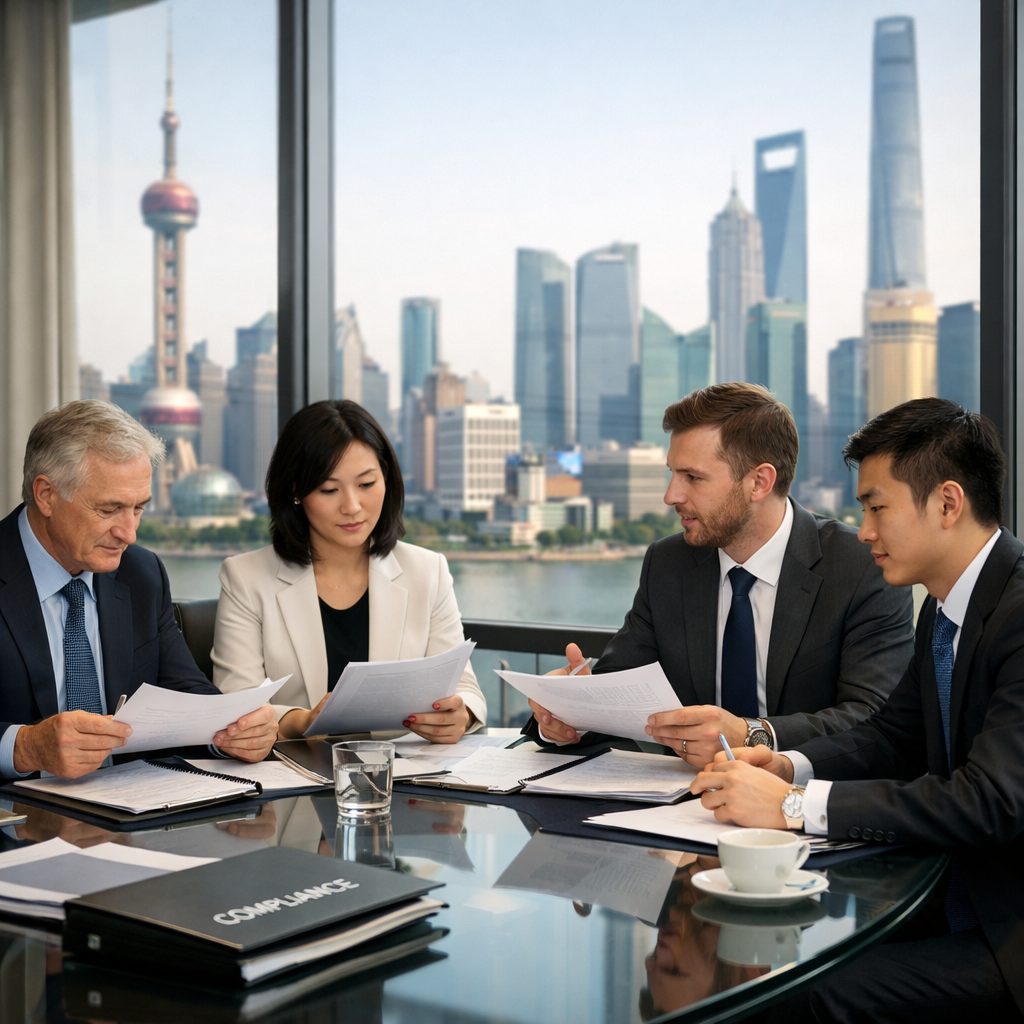 A professional business meeting scene in a modern Chinese office, showing international executives reviewing legal documents and compliance materials on a glass conference table, with Shanghai skyline visible through floor-to-ceiling windows, natural lighting, shot with 50mm lens, f/2.8, business photography style, highly detailed, corporate atmosphere