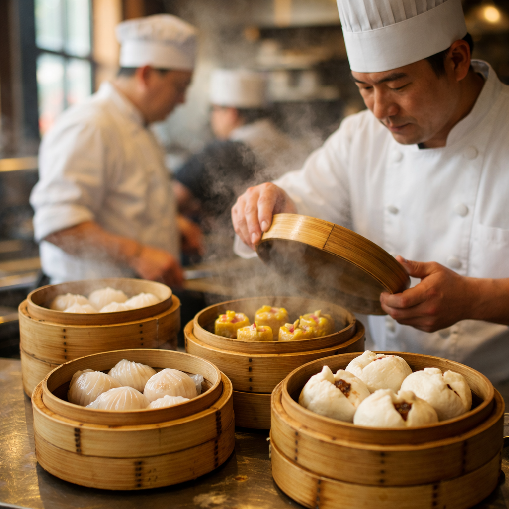 A vibrant restaurant kitchen scene showing professional chefs carefully steaming bamboo baskets filled with various authentic Chinese dim sum including har gow, siu mai, and char siu bao, shot with 50mm lens, natural lighting from large windows, shallow depth of field at f/2.8, warm tones, photo style