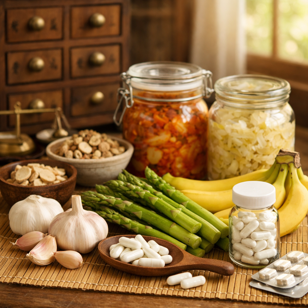 A serene composition showing traditional Chinese medicine elements alongside modern probiotic supplements - ancient wooden medicine drawers, dried herbs, glass jars of fermented vegetables like kimchi and sauerkraut, fresh prebiotic-rich foods including garlic, asparagus, and bananas, with modern probiotic capsules, arranged on a natural bamboo mat, warm natural lighting from window, photo style shot with 50mm lens, f/2.8, soft focus background, balanced composition