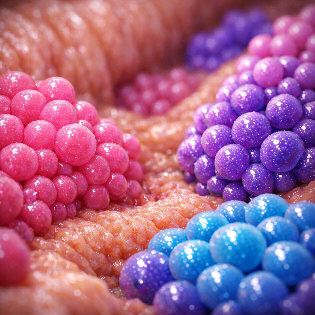 A microscopic view of the human gut showing diverse beneficial bacteria colonies in vibrant colors - pink, purple, and blue spherical Lactobacillus bacteria clustered together against the intestinal wall backdrop, scientific illustration style with soft lighting, photo style shot with macro lens, shallow depth of field, highly detailed