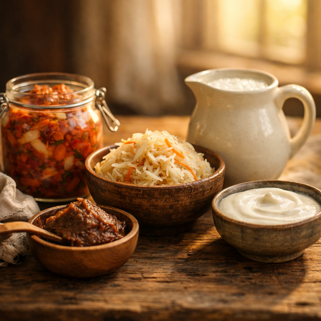 A rustic wooden table with an array of traditional fermented foods: kimchi in a glass jar, sauerkraut in an earthenware bowl, kefir in a ceramic pitcher, miso paste, and yogurt. Natural window lighting creates warm, golden hour tones. Shot with a 50mm lens at f/2.8, showing rich textures and colors. Photo style with shallow depth of field, emphasizing food details and traditional serving vessels.