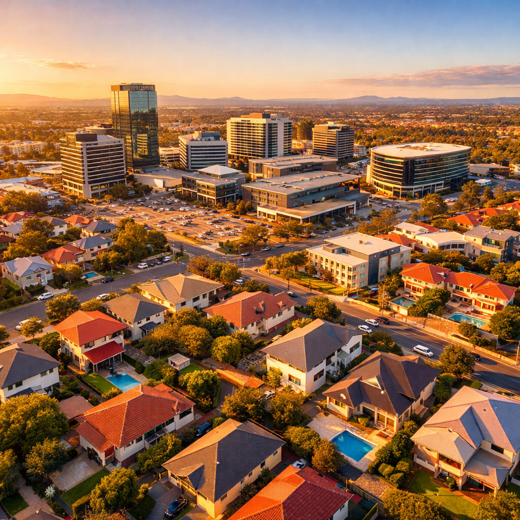 An aerial view of Australian residential and commercial properties forming a diverse real estate portfolio, golden hour lighting, showing suburban houses and modern commercial buildings, shot with wide-angle lens, high contrast, warm tones, professional real estate photography style, DSLR camera