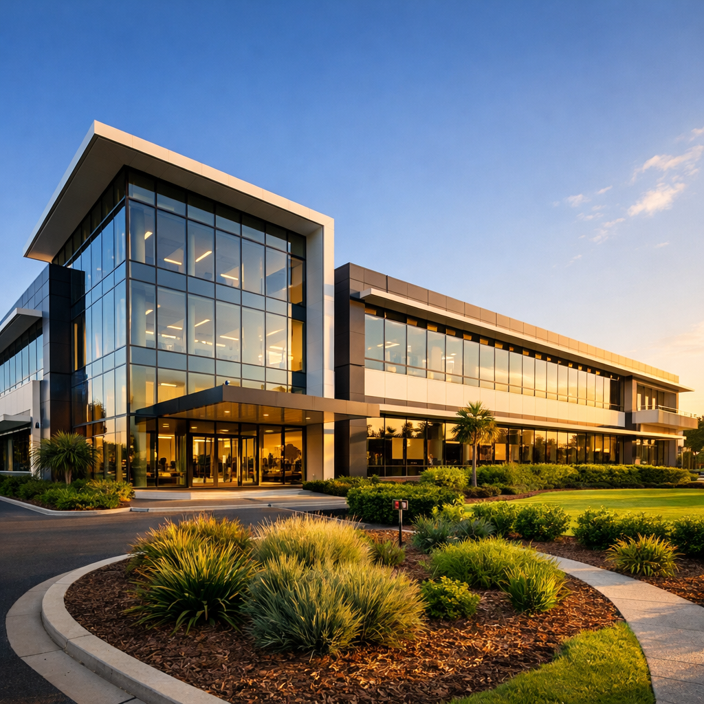 Modern Australian commercial property building with elegant architecture, clean lines and glass facade, surrounded by well-maintained landscaping, blue sky, golden hour lighting, shot with wide-angle lens, professional real estate photography style, high contrast, sharp details, DSLR camera