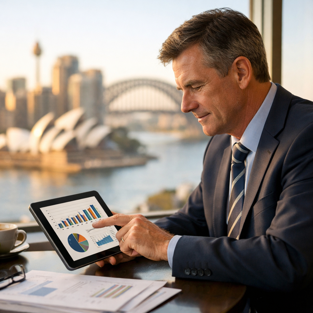 A professional Australian business person in their 50s reviewing financial documents and charts on a modern tablet in a bright contemporary office, with Sydney skyline visible through large windows, natural morning light, photo style, shot with 50mm lens, f/2.8, shallow depth of field, warm tones, highly detailed