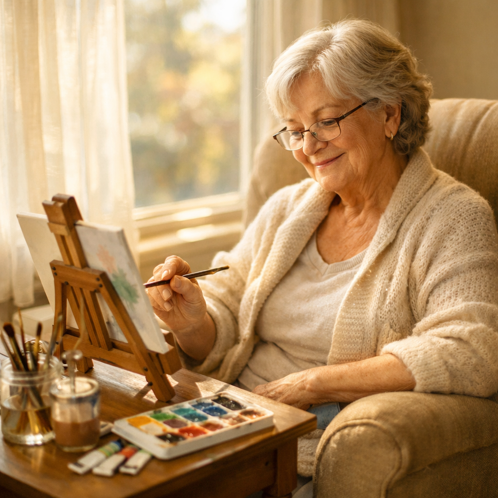 A warm, inviting photo of a senior woman sitting comfortably in a cozy armchair by a sunny window, engaged in watercolor painting on a small easel. Natural afternoon light streams through sheer curtains, creating a peaceful atmosphere. She wears reading glasses and has a gentle smile, with art supplies neatly arranged on a side table within easy reach. Soft, warm color tones throughout the scene. Shot with 50mm lens, f/2.8, natural lighting, photo style.