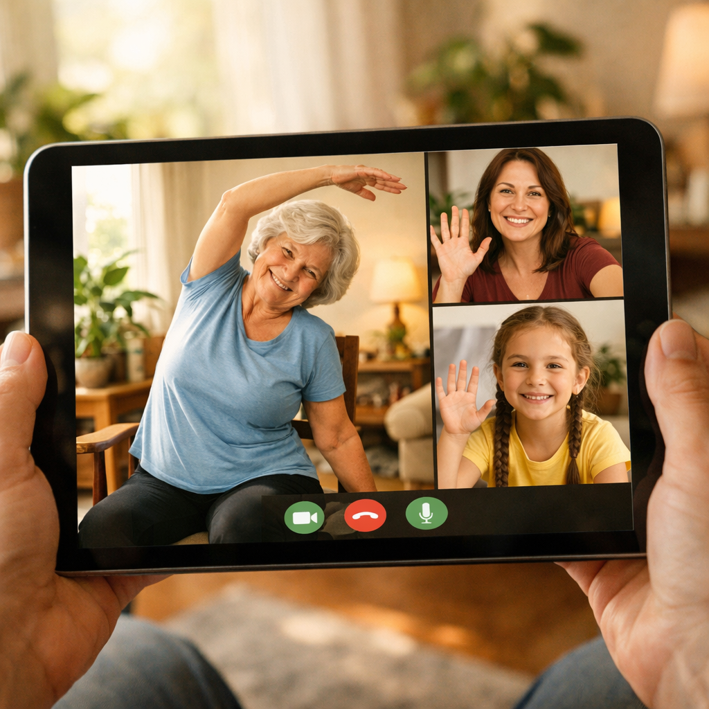 A heartwarming scene showing three generations connected through video call on a tablet screen - an elderly woman in a comfortable home setting doing gentle chair yoga stretches while her daughter and granddaughter join her virtually from their locations. The senior sits in a supportive chair with good posture, wearing comfortable exercise clothing. Houseplants visible in background, bright natural window light, authentic candid moment of joy and connection. Shot with 35mm lens, warm tones, shallow depth of field, photo style.