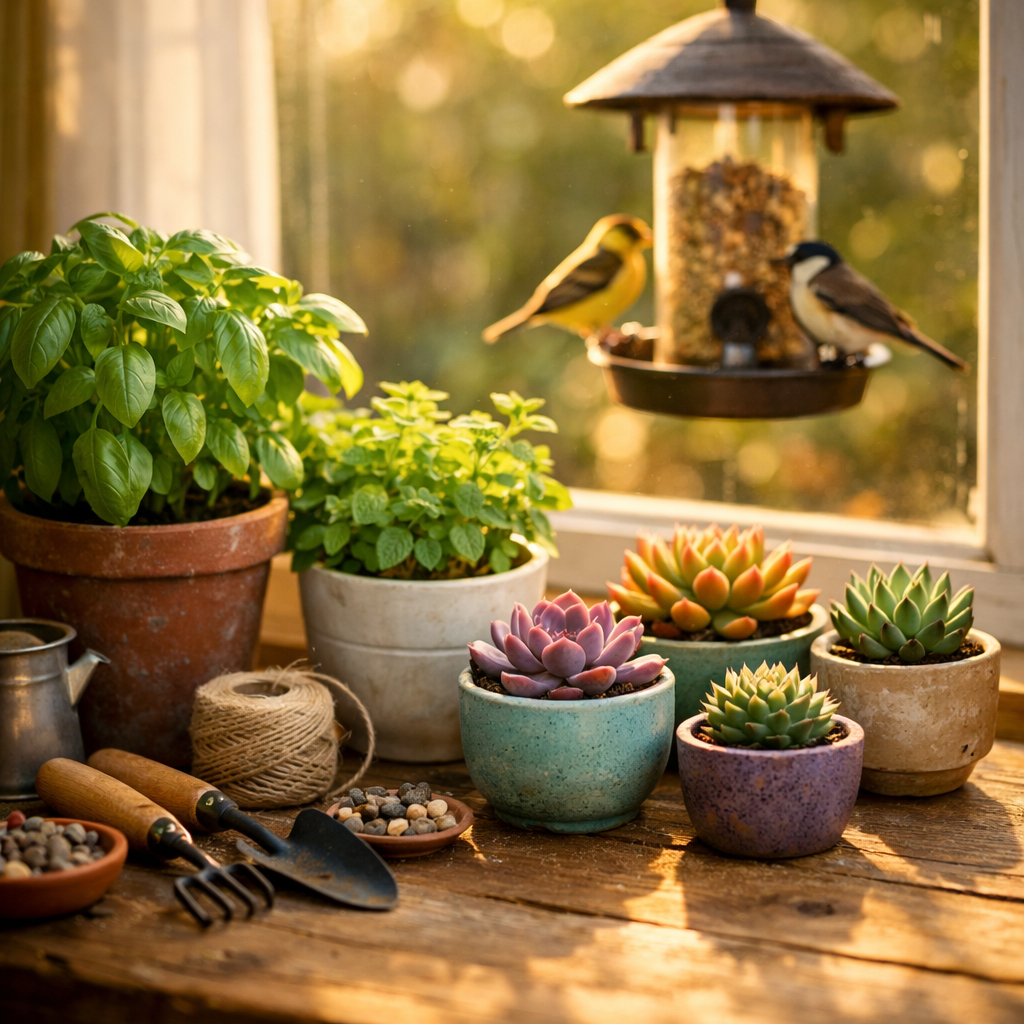 A serene indoor garden setup on a wooden table by a bright window, featuring various potted herbs like basil and mint, colorful succulents in ceramic pots, and small gardening tools. A bird feeder is visible through the window with birds visiting it. The scene includes dappled sunlight creating soft shadows, shallow depth of field, Canon EOS R5, 85mm lens, f/2.8, golden hour lighting, highly detailed, peaceful and nurturing atmosphere, photo style.
