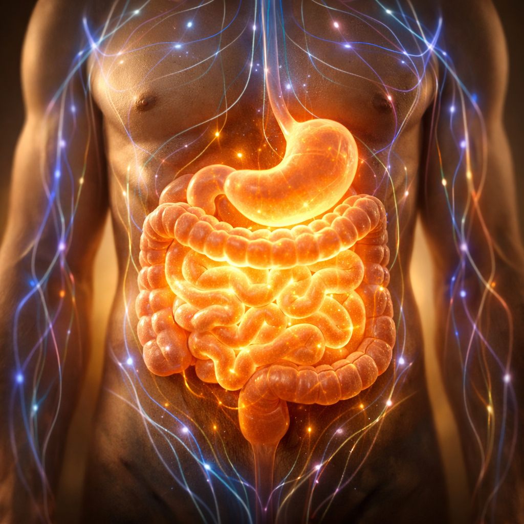 A serene composition showing the human digestive system illuminated from within, depicted in a cross-section view with warm golden light emanating from the gut area. The image combines Eastern and Western medical visualization - delicate meridian lines flow throughout the body in soft blue and purple hues, while the intestinal tract glows with vibrant energy. Shot in photo style with a 50mm lens, f/2.8, soft dramatic lighting, highly detailed anatomical accuracy blended with ethereal energy flows, warm color palette with touches of gold and turquoise, centered composition, shallow depth of field focusing on the gut region
