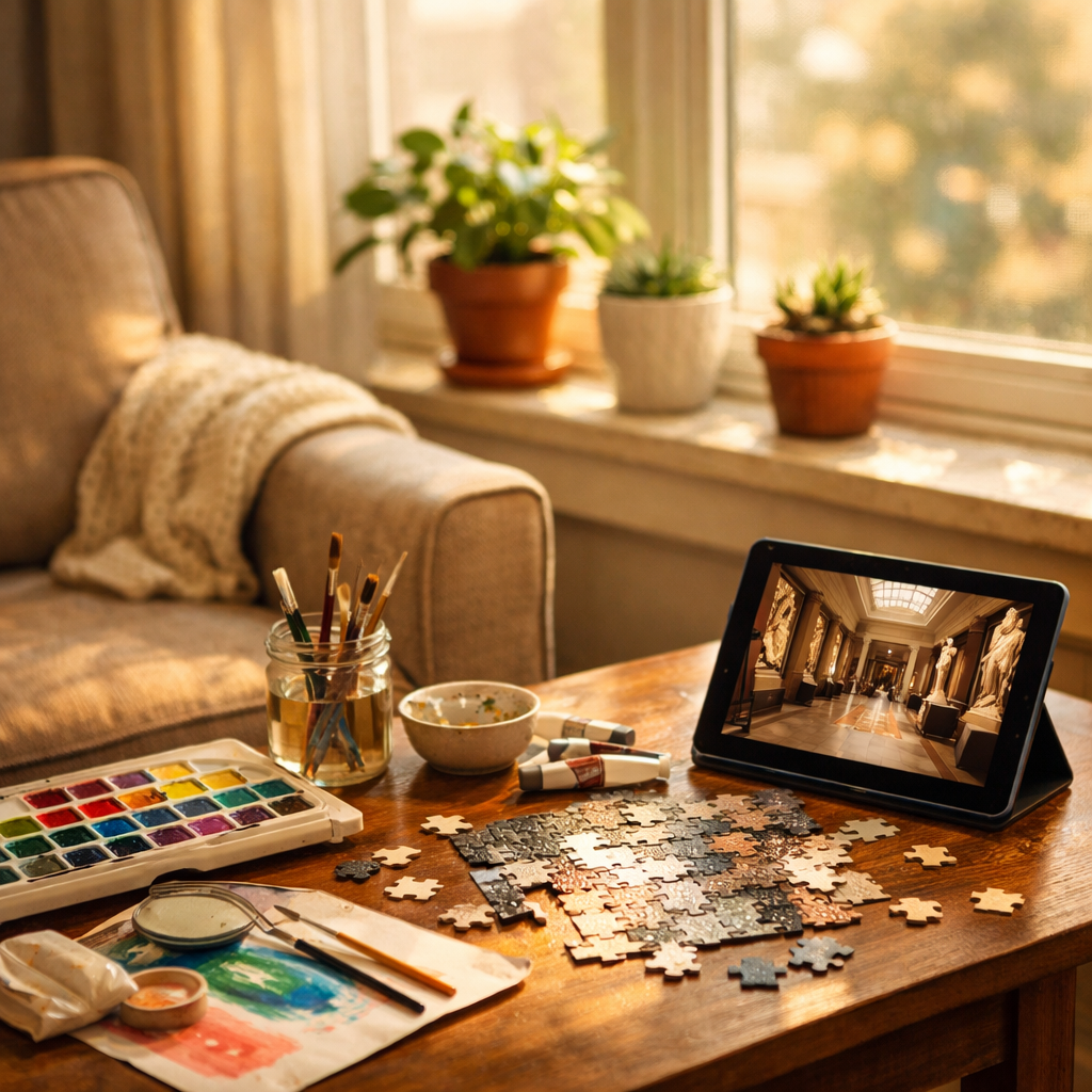 A warm and inviting living room bathed in soft natural sunlight, featuring a comfortable armchair positioned near a large window. On a side table, there are art supplies including watercolor paints, brushes, a puzzle in progress, and a tablet showing a virtual museum tour. Potted plants sit on the windowsill, and the scene conveys a sense of peaceful engagement and possibility. Shot with 50mm lens, f/2.8, natural lighting, warm tones, cozy atmosphere, photo style.