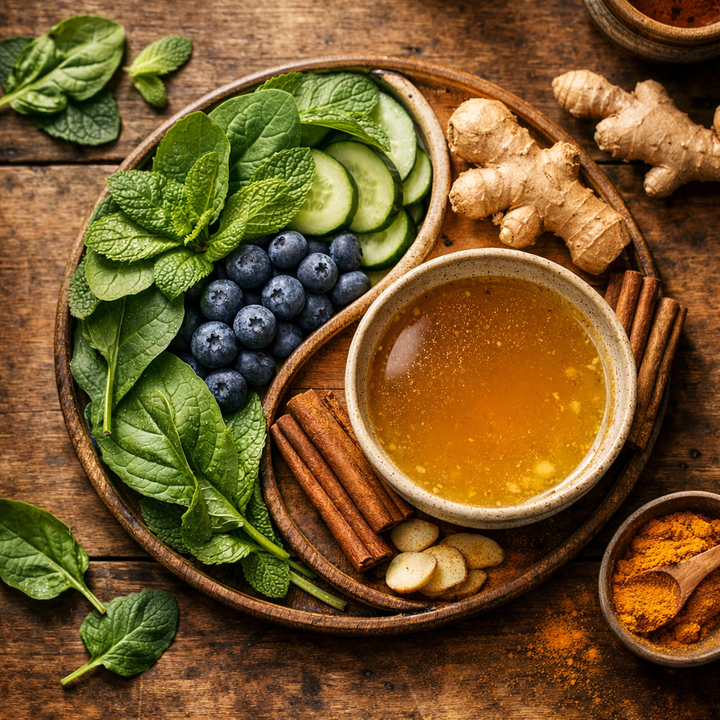 A peaceful overhead shot of a wooden table displaying various gut-healthy foods arranged in a yin-yang pattern. One half features cooling foods - fresh leafy greens, cucumber slices, mint leaves, blueberries - while the other half shows warming elements - ginger root, turmeric, cinnamon sticks, warm golden bone broth in a ceramic bowl. Natural window lighting creates soft shadows, shot with a macro lens, f/4, highly detailed textures of the ingredients, warm and inviting atmosphere, rule of thirds composition, shallow depth of field, photo style with film grain, earthy color tones