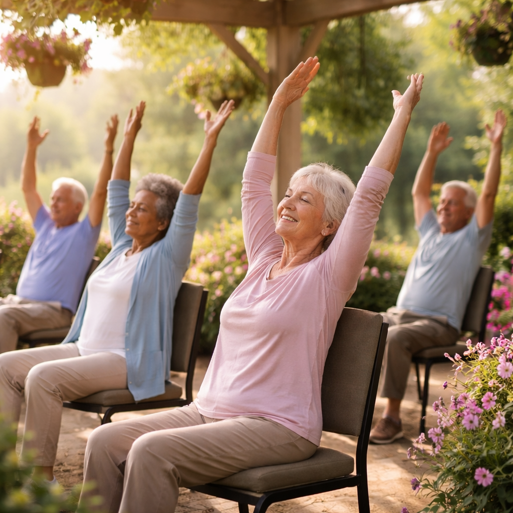 A peaceful scene of seniors doing chair yoga in an outdoor garden pavilion, seated comfortably with arms raised in a gentle stretch pose, surrounded by blooming flowers and greenery, soft morning light, shot with Canon EOS R5, shallow depth of field, photo style