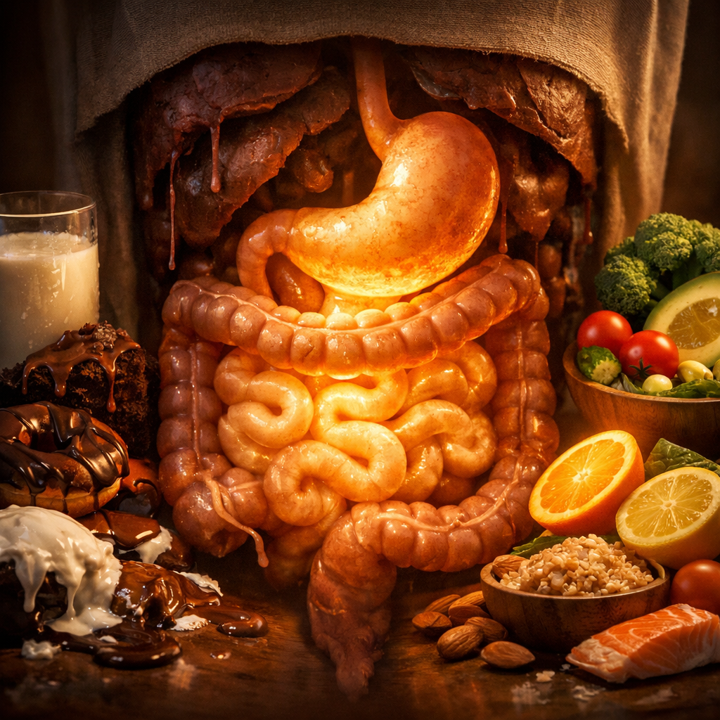 A cinematic photo style image showing a cross-section view of a human digestive system, with the stomach and intestines glowing softly in warm golden light, surrounded by various foods - some creating dark, sticky moisture-like effects (dairy products, sugary items) while others emit clean, warming energy. Shot with 50mm lens, f/2.8, natural lighting, highly detailed, warm color grading, rule of thirds composition