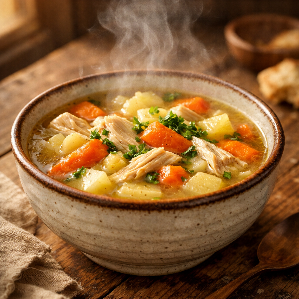 A warm, inviting photo style image of a traditional ceramic bowl containing steaming chicken soup with root vegetables, placed on a rustic wooden table. Soft steam rises from the bowl, captured with shallow depth of field. Natural window lighting creates a cozy atmosphere, golden hour tones, shot with macro lens, f/2.8, highly detailed textures on the bowl and vegetables, comfort food aesthetic