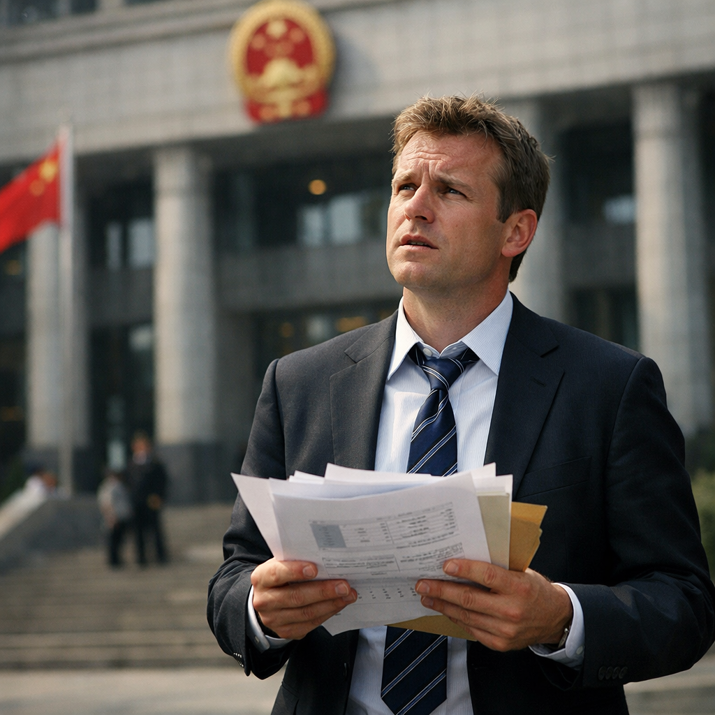 A dramatic business scene showing a Western businessperson standing confused in front of a modern Chinese government building, holding corporate documents, shot with 50mm lens, f/2.8, natural lighting, high contrast, photo style, highly detailed