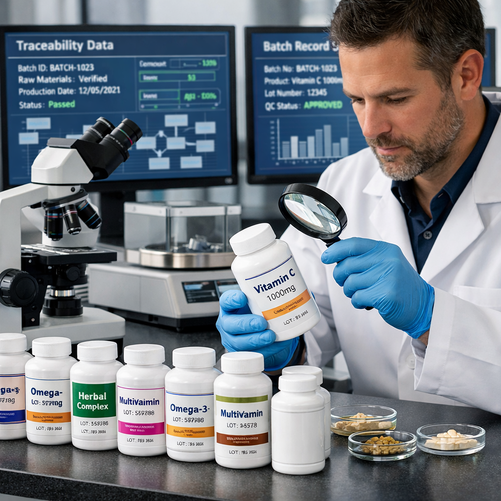 A professional quality control laboratory scene showing a scientist in a white lab coat examining supplement bottles and ingredient samples under bright lighting. On the lab bench are organized rows of supplement containers with visible lot numbers and labels, alongside testing equipment including a microscope and analytical instruments. In the background, digital screens display traceability data and batch records. The image emphasizes precision, organization, and scientific rigor in supplement manufacturing. Shot with 50mm lens, f/2.8, natural lighting, highly detailed, photo style.