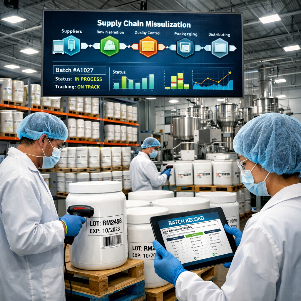A modern supplement manufacturing facility floor showing an organized production line with clear traceability systems in action. Workers in protective gear are scanning barcodes on ingredient containers, with digital tablets displaying real-time batch records. Neatly arranged pallets of labeled raw material containers are visible in the background, each with clear lot identification. Overhead, a large digital display shows a supply chain visualization diagram. The scene conveys efficiency, technology integration, and systematic quality control. Wide-angle lens, good depth of field, bright industrial lighting, photo style.