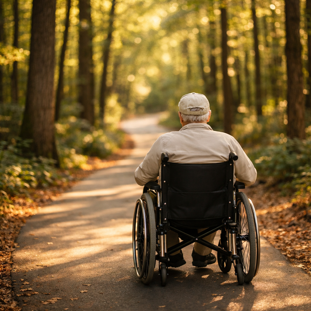 A serene photo of a senior person in a wheelchair on a smooth, paved accessible trail winding through a beautiful forest, surrounded by tall trees with dappled sunlight filtering through the canopy, shot with 50mm lens, f/2.8, natural lighting, warm tones, photo style