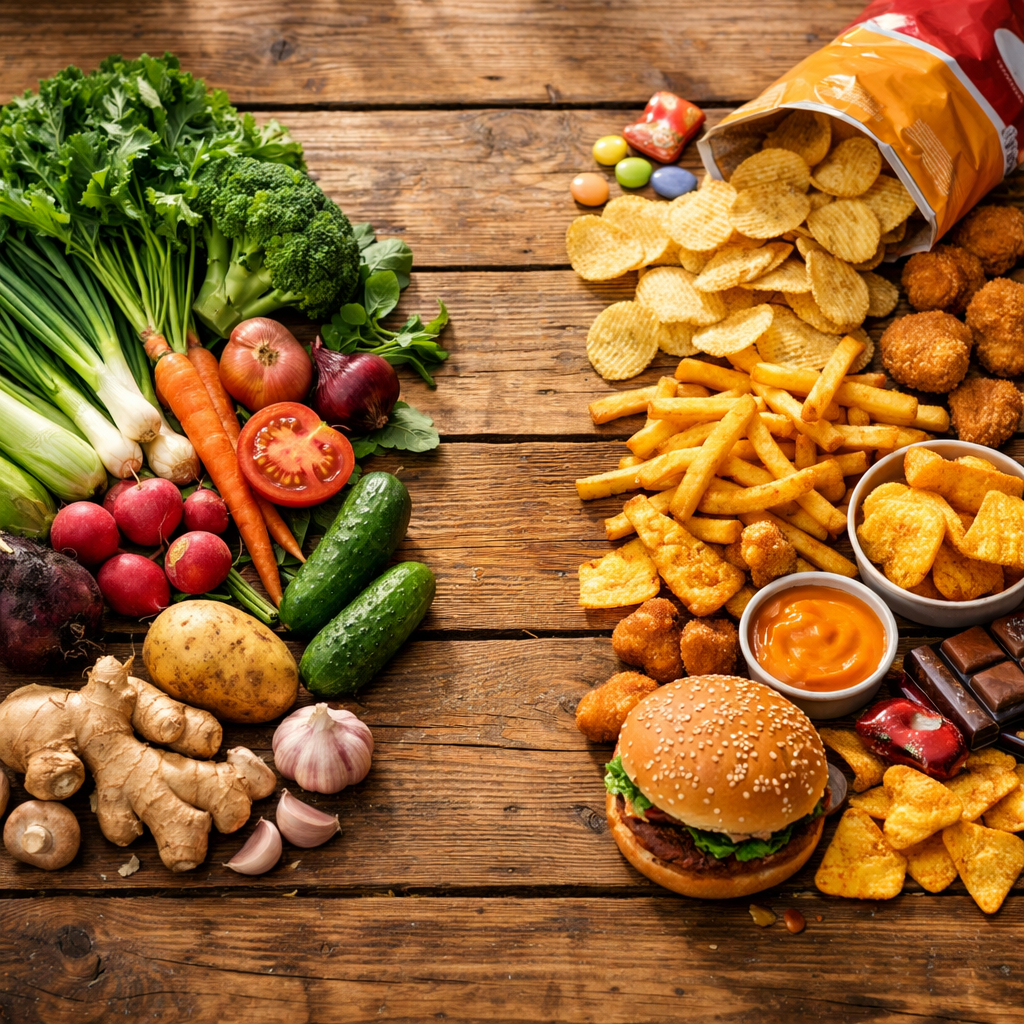 A serene overhead shot of a rustic wooden table featuring contrasting food arrangements: on the left side, vibrant fresh vegetables including leafy greens, root vegetables, and ginger arranged naturally; on the right side, processed foods like packaged snacks and fried items. Warm natural lighting from a window casts soft shadows. Shot with a 50mm lens at f/2.8 for subtle depth of field. The composition uses the rule of thirds, with warm earthy tones emphasizing the natural versus processed food theme. Photo style, highly detailed textures of vegetables and wood grain.