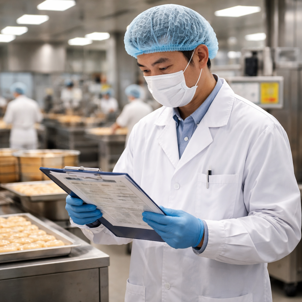 A professional food safety inspector in protective gear examining documentation and certificates in a modern Chinese dim sum factory, with stainless steel equipment and quality control stations visible in the background, bright industrial lighting, shot with 50mm lens, f/2.8, photo style, highly detailed