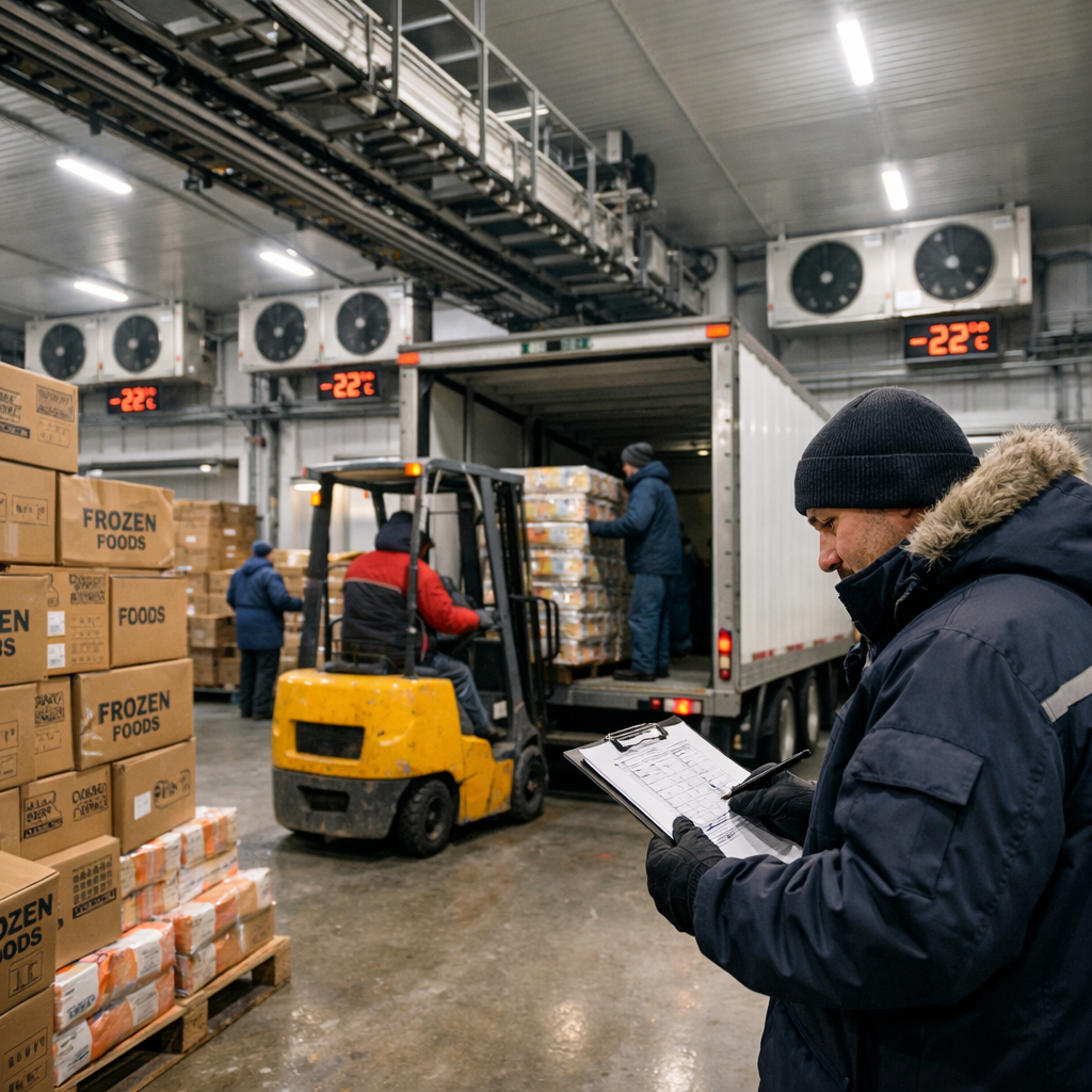 A busy modern refrigerated warehouse interior with workers loading frozen food pallets onto trucks, stacks of labeled cardboard boxes containing frozen products, industrial refrigeration units with temperature displays, workers in cold storage gear checking clipboards, overhead conveyor systems, LED lighting, photo style, shot with 24mm wide-angle lens, f/2.8, natural warehouse lighting, high detail, realistic depth of field