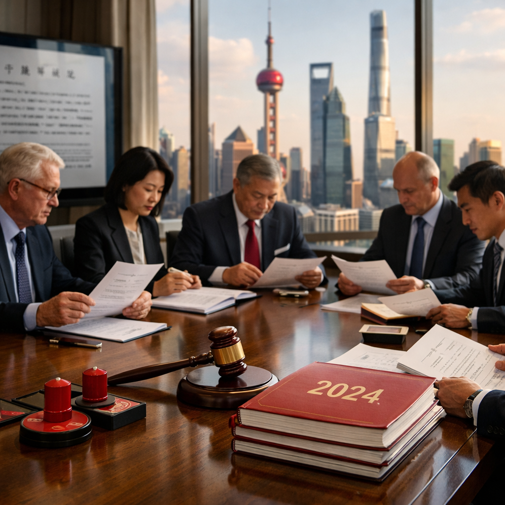 A modern Chinese corporate boardroom with a large wooden conference table, where international business executives in formal attire review legal documents with Chinese characters visible on papers and digital screens. Through floor-to-ceiling windows, a contemporary Shanghai cityscape is visible. On the table are red official seals, a gavel, and bound legal documents marked with "2024". The lighting is professional and dramatic, with warm tones suggesting urgency and importance. Shot with 50mm lens, f/2.8, natural window lighting, highly detailed, photo style.
