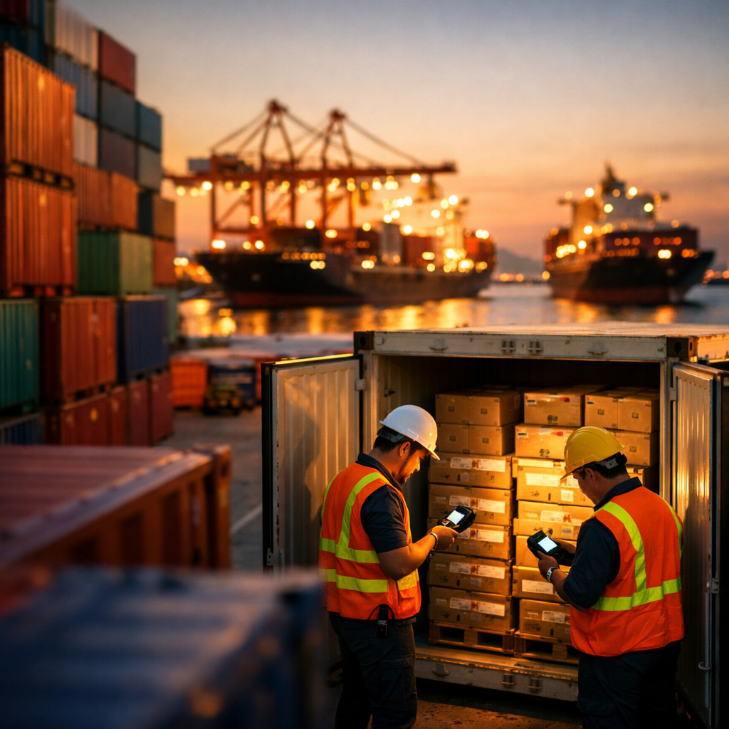 A modern international shipping port at dusk with stacked colorful shipping containers in the foreground, and cargo ships visible in the background. In the mid-ground, workers in safety vests are inspecting opened food cargo containers with handheld scanning devices. Warm golden hour lighting creates dramatic shadows across the containers. Shot with 35mm lens, f/2.8, shallow depth of field, photo style