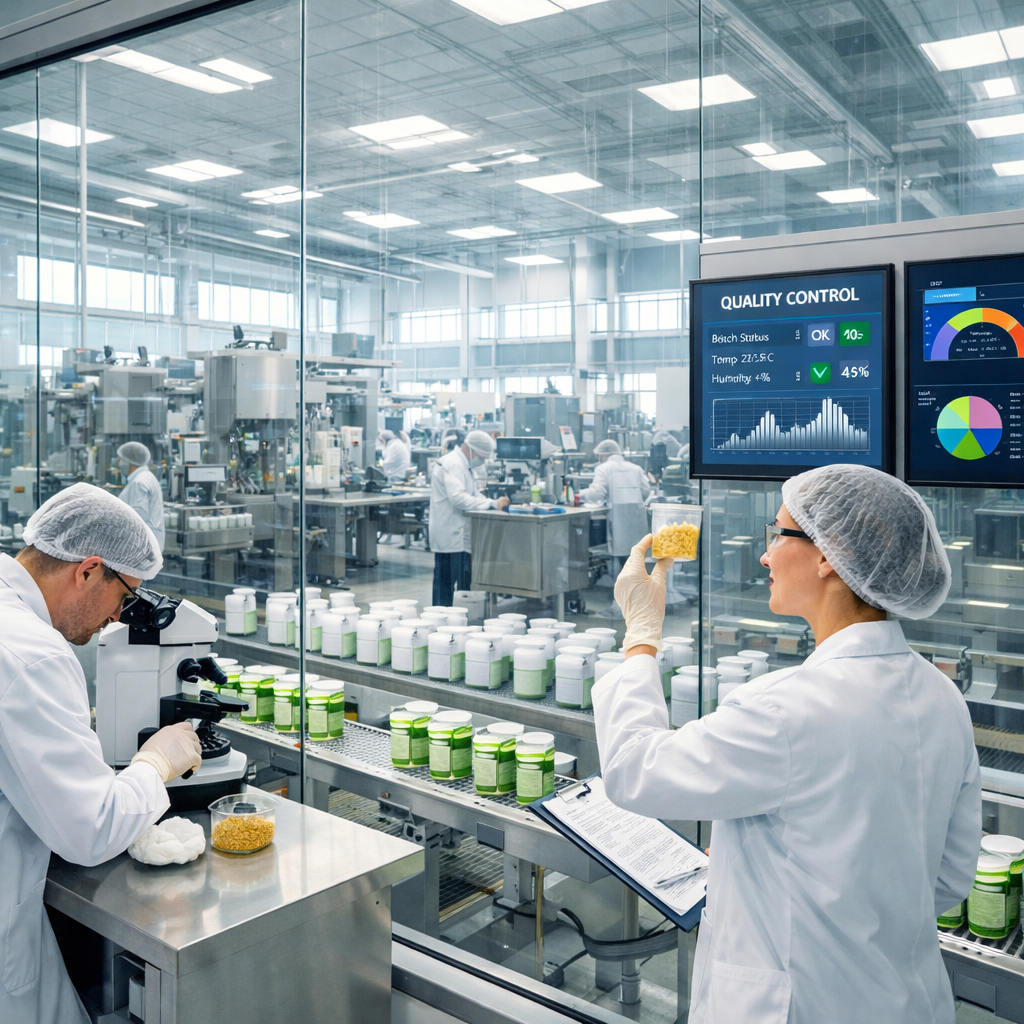 A modern food manufacturing facility with transparent glass walls showing clean production lines, scientists in white lab coats examining ingredient samples under bright natural lighting, digital screens displaying quality control data, conveyor belts with packaged supplements, shot with wide-angle lens, bright and professional atmosphere, high detail, photo style