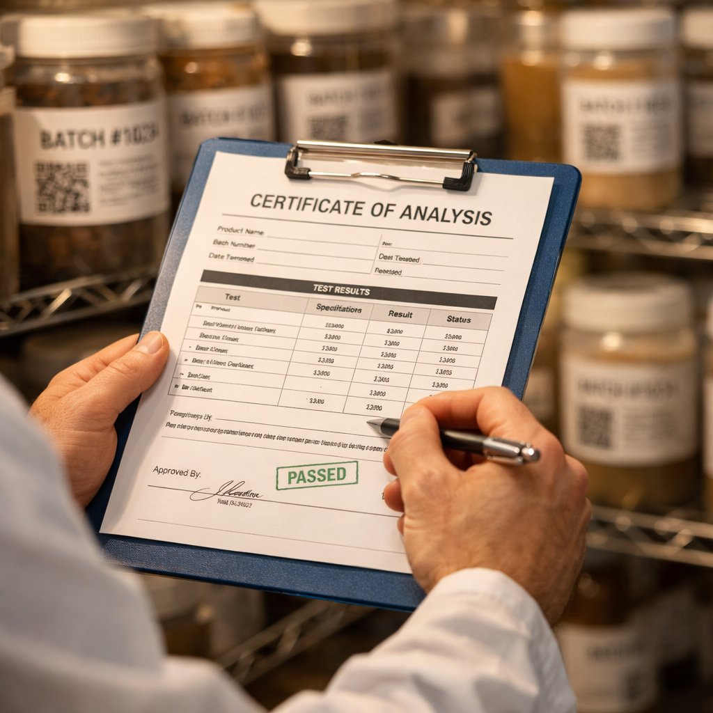 Close-up of a quality control inspector's hands holding a clipboard with certification documents and test results, background showing rows of labeled ingredient containers with batch numbers and QR codes for traceability, warm professional lighting, shallow depth of field with f/2.8, Canon EOS R5, photo style, highly detailed