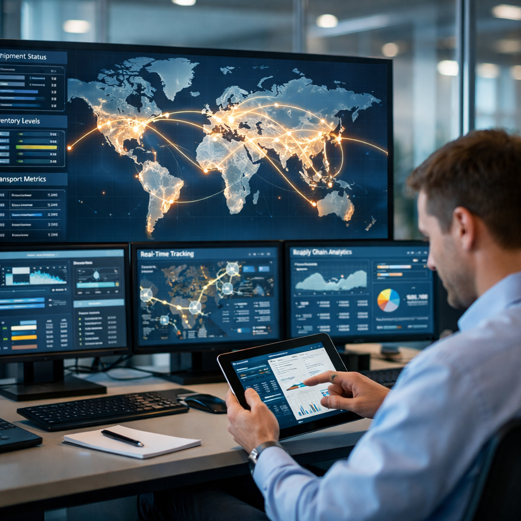 A sophisticated supply chain control center with multiple monitors displaying real-time tracking dashboards and logistics data, world map showing ingredient shipment routes with glowing connection lines, professional analyst reviewing data on tablet, modern office environment with glass walls, natural lighting, shot with 50mm lens, f/2.8 aperture, business technology aesthetic, clean and organized workspace