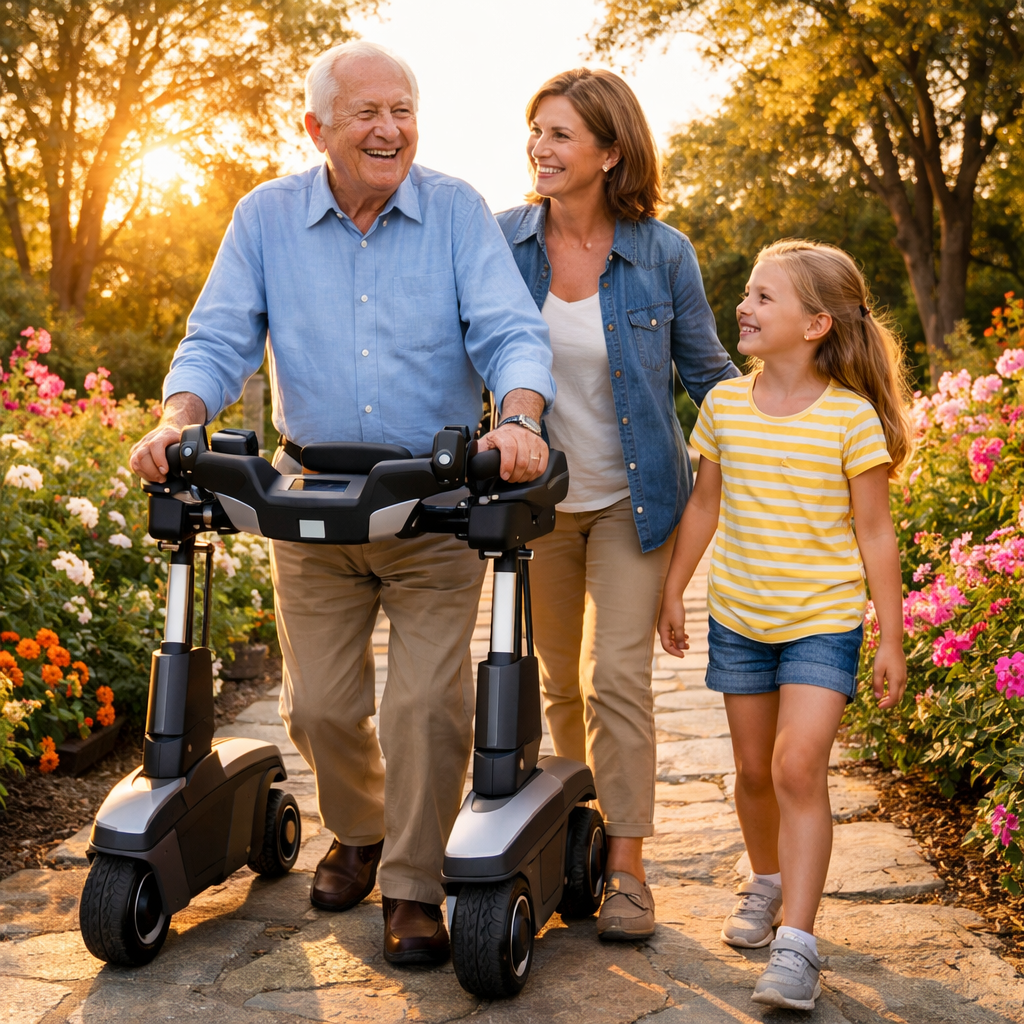 A candid photo showing three generations together - an elderly man in his 80s using a modern robotic walker with an intuitive design, walking confidently through a bright garden path while his adult daughter and young grandchild walk beside him smiling. The robotic walker looks sleek and supportive rather than medical or bulky. Golden hour lighting, shot with wide-angle lens, natural outdoor setting with flowers and greenery, photo style capturing genuine joy and family connection, high detail showing the seamless integration of assistive technology into daily life.