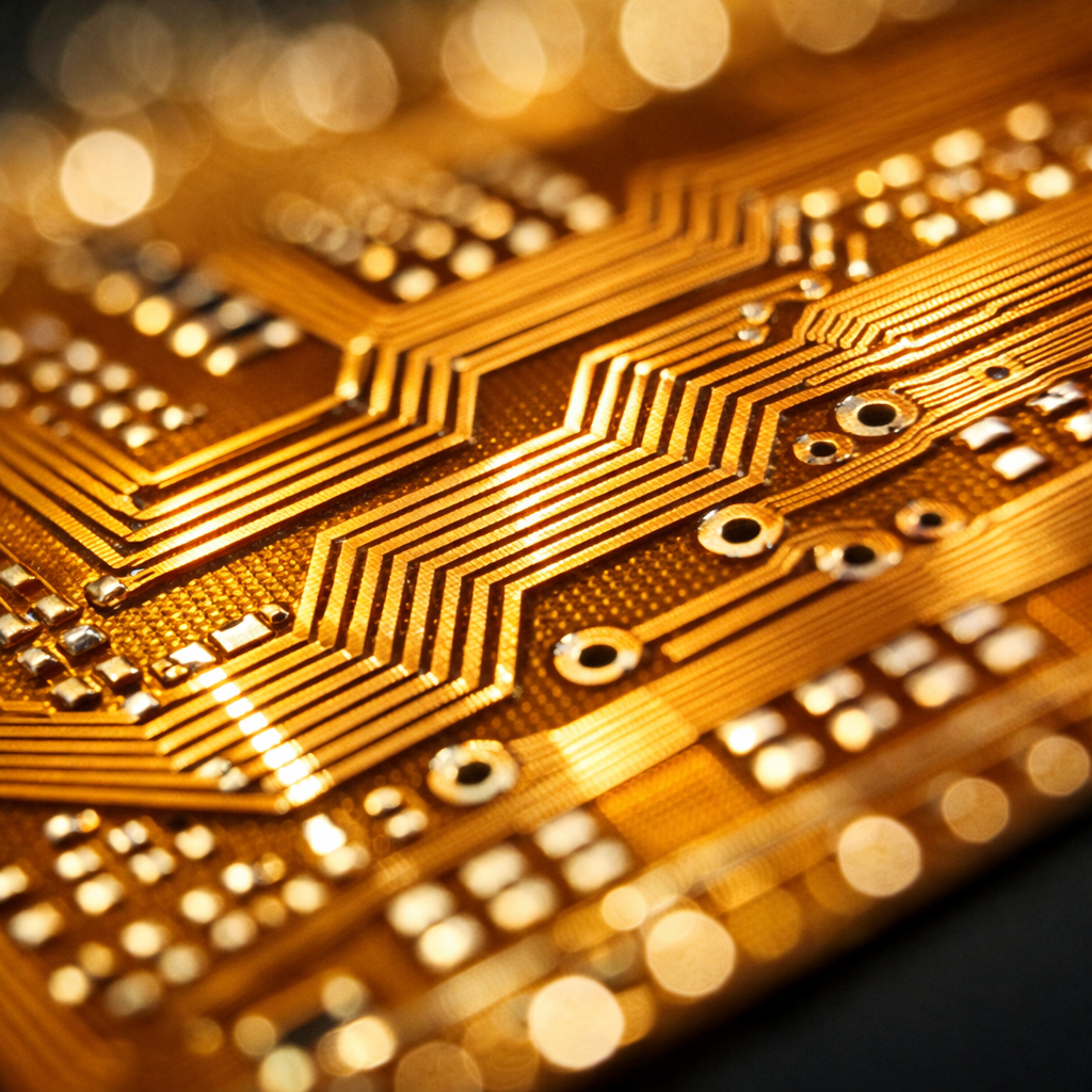A close-up photo of an ultra-fine HDI flexible PCB under inspection, shot with a macro lens at f/2.8. The image shows microscopic 50-micron copper traces on a golden polyimide substrate, with precise geometric patterns visible under bright LED inspection lighting. Professional product photography style, shallow depth of field, high detail, sharp focus on the circuit traces with subtle bokeh in background. Shot with Canon EOS R5, 100mm macro lens.
